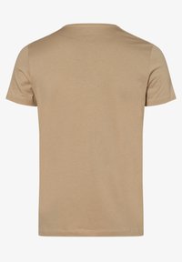Beige Baumwoll-T-Shirt mit kurzen Ärmeln und Rundhalsausschnitt. Es hat eine glatte Textur und einen geraden Saum mit minimalen Ziernähten.