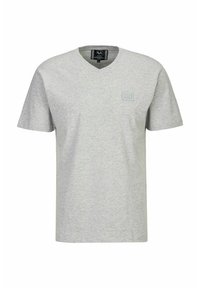 Grijze katoenen T-shirt met een V-hals, korte mouwen en een klein logo op de linkerkant van de borst. Glad textuur en casual pasvorm.