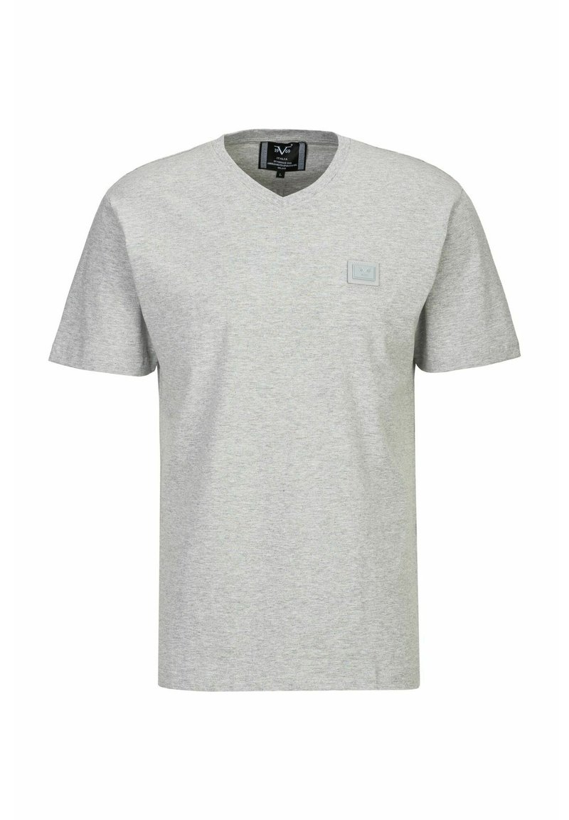 Grijze katoenen T-shirt met een V-hals, korte mouwen en een klein logo op de linkerkant van de borst. Glad textuur en casual pasvorm.