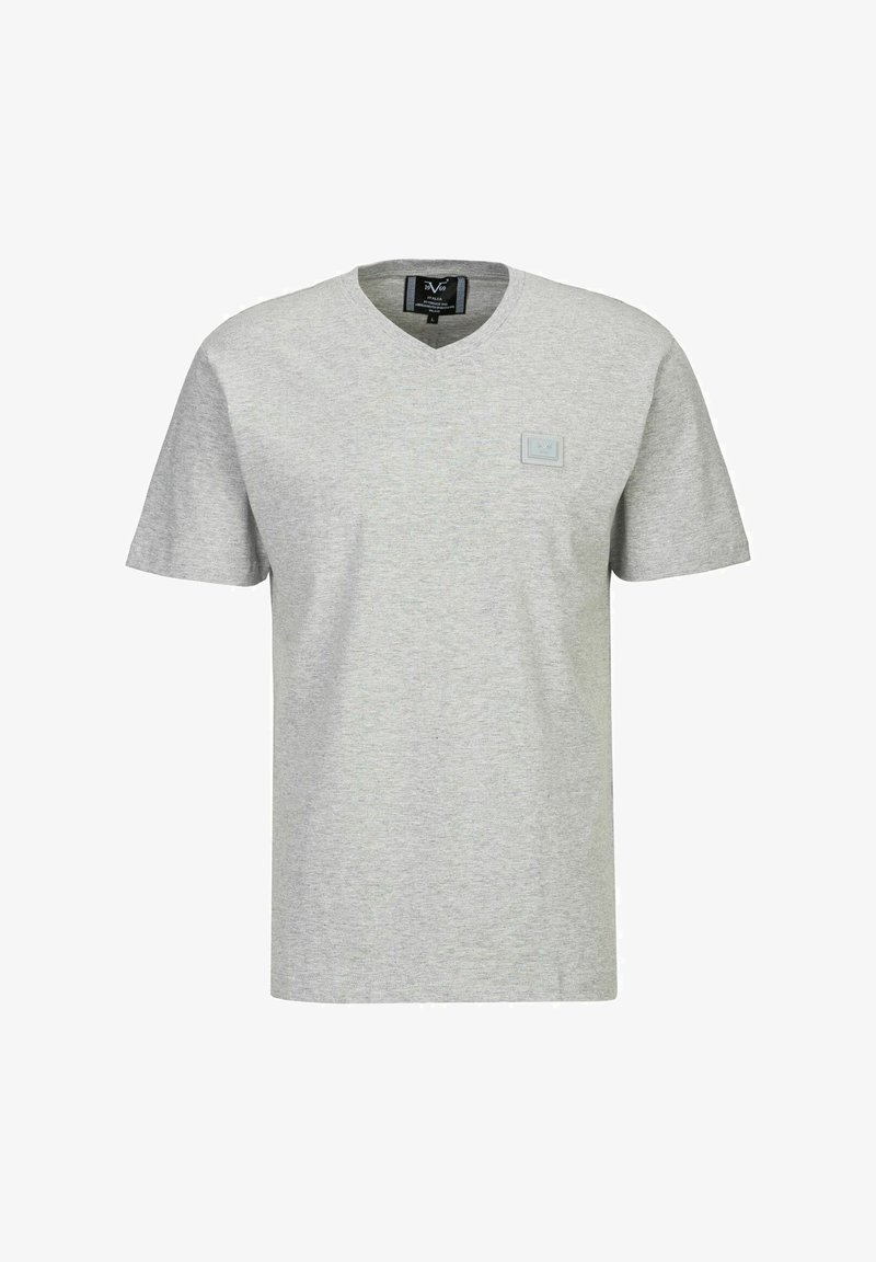 Grijze katoenen T-shirt met een V-hals, korte mouwen en een klein logo op de linkerkant van de borst. Glad textuur en casual pasvorm.