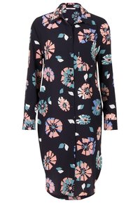 Blommönstrad skjortklänning i mörk tyg. Har krage, knäppning framtill och långa ärmar med accentfärger i rosa, teal och blått.