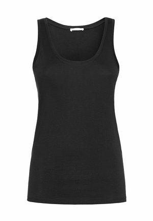 Schwarzes, ärmelloses Tanktop aus weichem Stoff; hat einen runden Ausschnitt und eine figurbetonte Silhouette, mit sauberen Nähten und ohne sichtbare Muster.