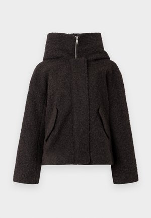 Veste en laine brun foncé avec capuche, dotée d'une fermeture éclair à l'avant, de deux poches latérales et d'une finition texturée. Design simple et ample.