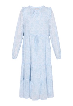 Hellblaues Midikleid mit langen Ärmeln und subtil floralem Muster, Rüschendetails an den Schultern, gebundenem Halsausschnitt und gerafften Stufen am Rock.