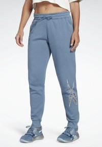 Ljusblå sweatpants med elastisk midja, dragsko och en sidologo med ett mönstrat design. Mjukt, slätt tyg med en avslappnad passform.