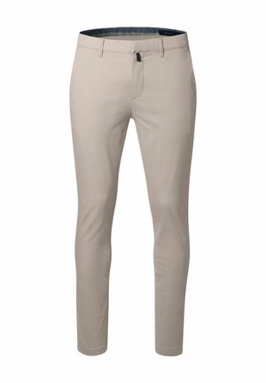 Beige slim-fit herenbroek met lussen voor riem, voorrits en knoopsluiting, afgebeeld tegen een witte achtergrond.