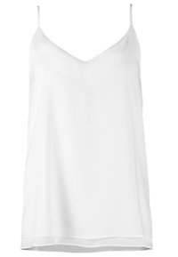 Haut camisolé blanc sans manches avec un décolleté en V. Fabriqué en tissu lisse, il présente des bretelles fines et une coupe décontractée. Conception à ourlet plat.