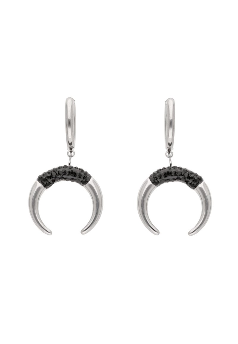 Ezüstszínű fülbevalók, félhold alakúak, texturált fekete gyönggyel a közepén, sima karikához csatlakoztatva.