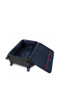 Black hard-shell suitcase with blue wheels. Open, revealing a navy interior with a quilted pattern and a red zippered pocket.