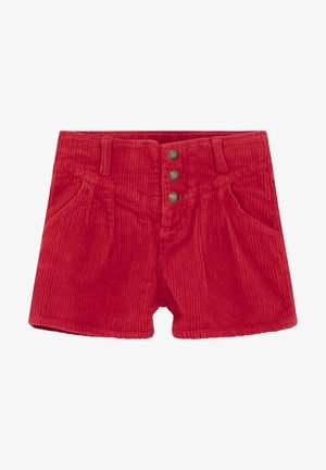 Shorts en velours côtelé rouge avec une taille haute, des plis avant, deux poches latérales et une fermeture à trois boutons. Tissu texturé, design classique.