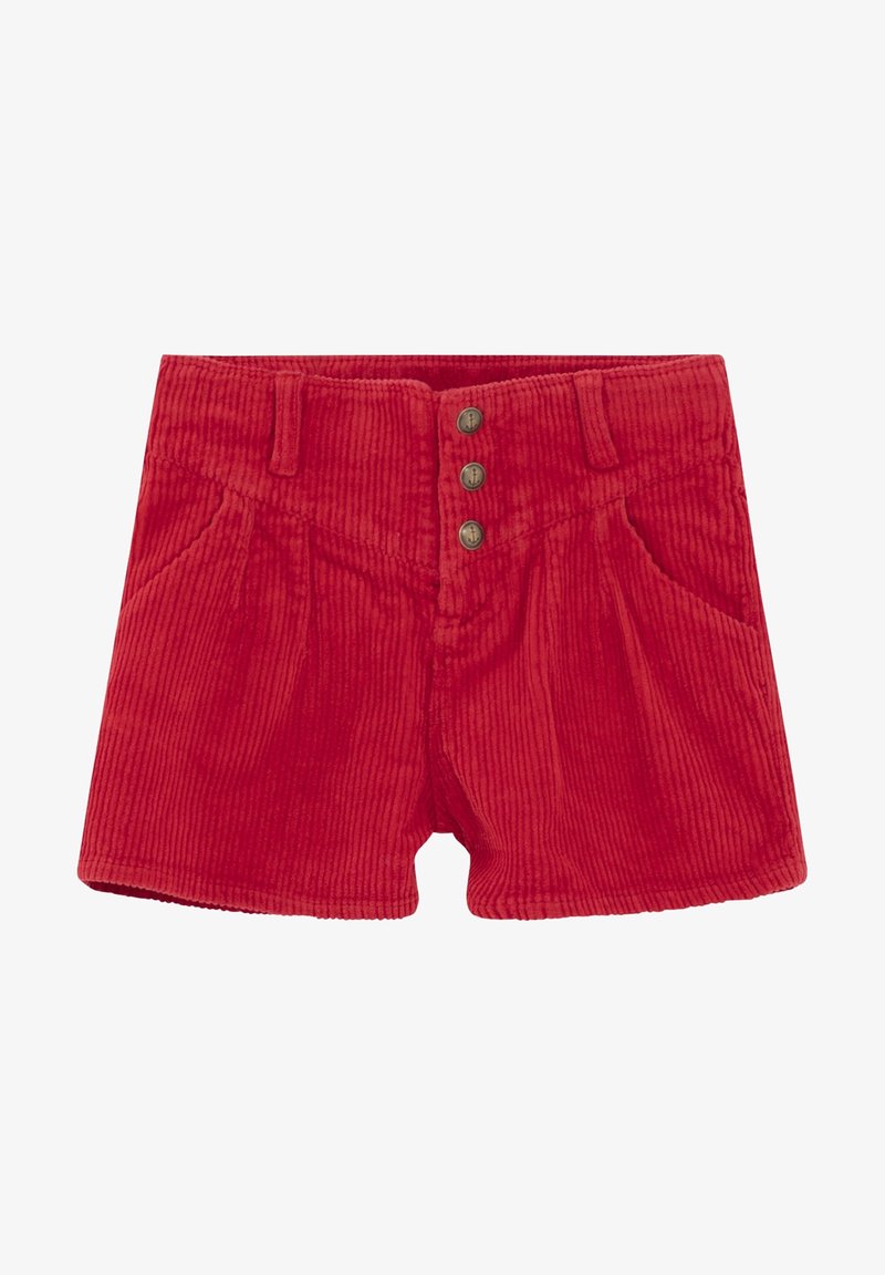Shorts en velours côtelé rouge avec une taille haute, des plis avant, deux poches latérales et une fermeture à trois boutons. Tissu texturé, design classique.