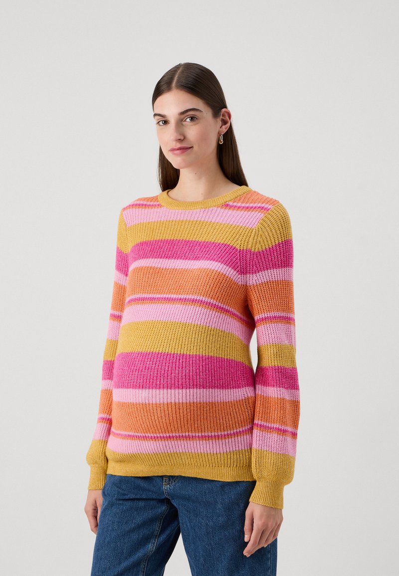 Knitted sweater with yellow, pink, and orange horizontal stripes, featuring a round neck and ribbed cuffs, designed for a relaxed fit.
