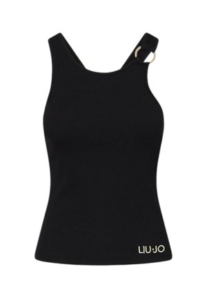 Camiseta sin mangas negra acanalada con una sola tira que presenta un detalle de anillo dorado y el logotipo "LIU·JO" en el dobladillo inferior.