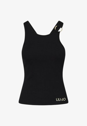 Camiseta sin mangas negra acanalada con una sola tira que presenta un detalle de anillo dorado y el logotipo "LIU·JO" en el dobladillo inferior.