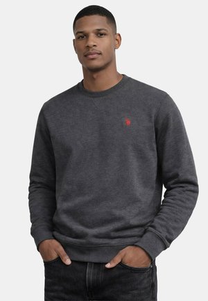 Young man wearing a dark gray sweatshirt with a small red logo on the left chest, standing with hands in pockets against a plain background.