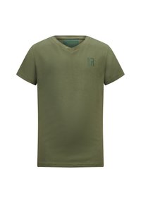 T-shirt verde oliva a maniche corte con scollatura a V realizzato in tessuto morbido; presenta un logo sottile in verde scuro sulla parte sinistra del petto.
