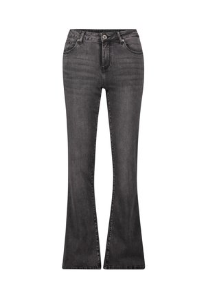 Dunkelgraue Denim-Jeans mit hoher Taille, Vorderknopf, fünf Taschen und leicht ausgestellten Beinen.