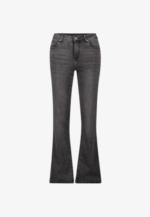Mørkegrå denim jeans med høj talje, frontknap, fem lommer og let udsvingede ben.