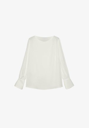 Witte blouse met een ronde halslijn, lange pofmouwen en elastische manchetten. Gemaakt van gladde stof met een vloeiend ontwerp en zonder patronen.