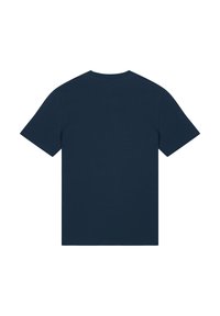 Marineblaue T-Shirt mit kurzen Ärmeln, Rundhalsausschnitt und einer glatten Baumwollstruktur. Keine sichtbaren Muster oder Grafiken, schlichtes Design.