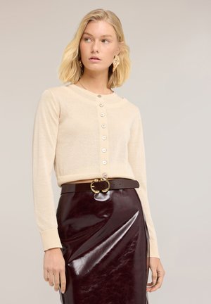 Vaaleahiuksinen nainen pukeutuneena kermaan napitettuun neuletakkiin, kiiltävä tumma ruskea nahkahame, jossa kultainen solkivyö, ja suuret kultaiset korvakorut, katse sivulle.