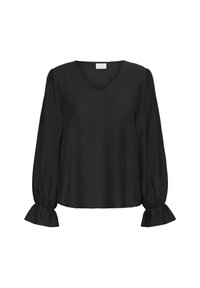 Black long-sleeve blouse made from lightweight fabric, featuring a V-neck, gathered puff sleeves, and elasticized cuffs.