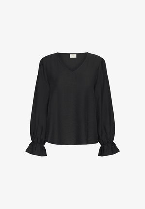 Black long-sleeve blouse made from lightweight fabric, featuring a V-neck, gathered puff sleeves, and elasticized cuffs.