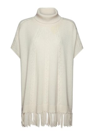 Witte gebreide poncho met een hoge kraag, voorzien van gestructureerde kabelpatronen en een franjeszoom. Zachte stof en een comfortabele pasvorm.