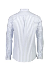 Witte shirt met lichtblauwe verticale strepen, lange mouwen, knoopmanchetten en een klassieke kraag; achteraanzicht met een yoke en een centrale plooi.