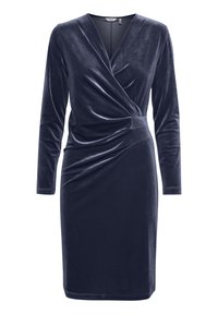 Robe en velours bleu marine avec manches longues, corsage style portefeuille doté d'un détail froncé à la taille, et texture lisse.