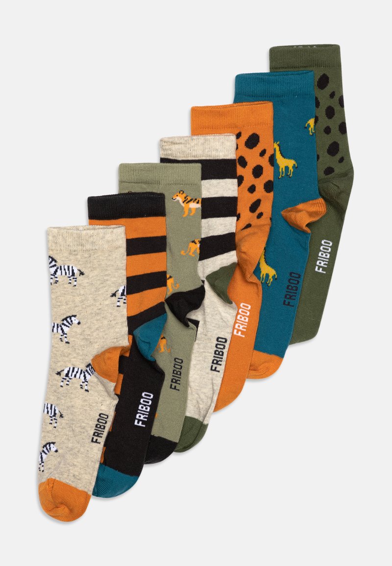 Cotton socks in various colors and patterns: zebra, tigers, stripes, polka dots. Features orange, green, black, and blue accents.