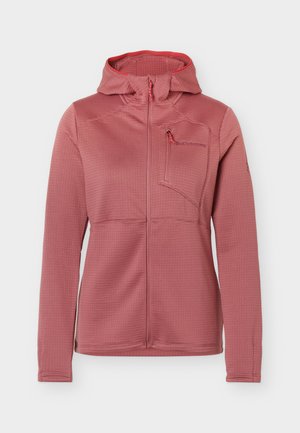 Ροζ μακρυμάνικο μπουφάν με κουκούλα, εμπρός φερμουάρ και τσέπη στο στήθος με φερμουάρ, κατασκευασμένο από υφασμάτινο ύφασμα.