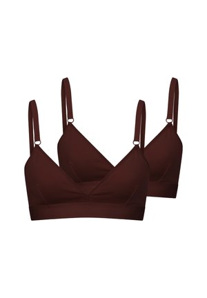 Zwei dunkelbraune weiche Dreieck-Bralettes mit verstellbaren Schulterriemen, ohne Bügel, auf weißem Hintergrund dargestellt.