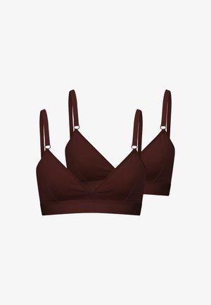 Two dark brown soft triangle bralettes with adjustable shoulder straps, no underwire, displayed on white background.