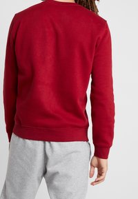 Felpa rossa a girocollo con maniche lunghe e polsini a costine, abbinata a pantaloni della tuta grigi. Tessuto liscio, vestibilità rilassata, senza motivi visibili.