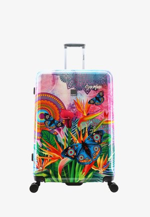 Colorful hard-shell suitcase with butterfly and floral patterns, featuring a glossy finish, retractable handle, and four wheels for mobility.