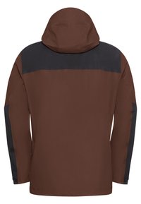 Braune wasserdichte Jacke mit schwarzem oberen Schulterbereich und Kapuze. Glatte Textur, lange Ärmel und lockere Passform. Sauberes, schlichtes Design.