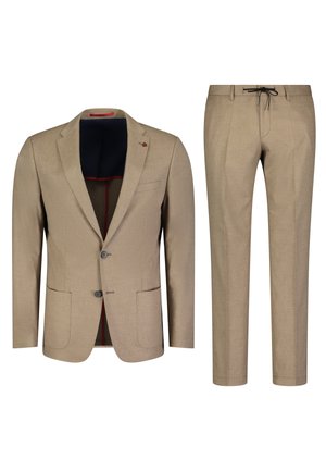 Beige blazer met een contrasterende marineblauwe voering, twee knopen en opgestikte zakken, gecombineerd met bijpassende tapered pants met een trekkoord.