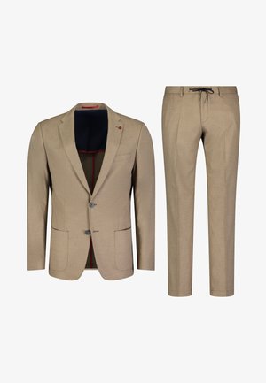 Beige blazer met een contrasterende marineblauwe voering, twee knopen en opgestikte zakken, gecombineerd met bijpassende tapered pants met een trekkoord.
