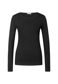 Svart långärmad t-shirt i mjukt tyg, med rund halsringning och en figursydd design. Enkel konstruktion utan mönster eller utsmyckningar.