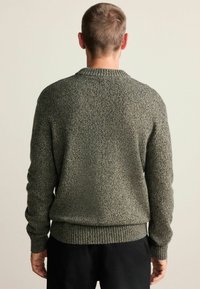 Stickad tröja med ett texturerat, prickigt mönster i nyanser av grön och grå. Ribbad krage, mudd och fåll. Visad bakifrån.