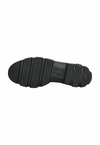 Sole di scarpa in gomma nera con scanalature orizzontali e loghi circolari. Finitura liscia con sezioni segmentate che offrono flessibilità.