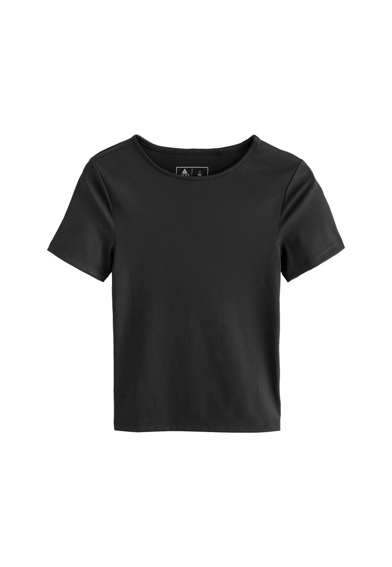Sort t-shirt med korte ærmer og rund halsudskæring. Fremstillet af blødt, glat stof. Enkel og udekoreret design.