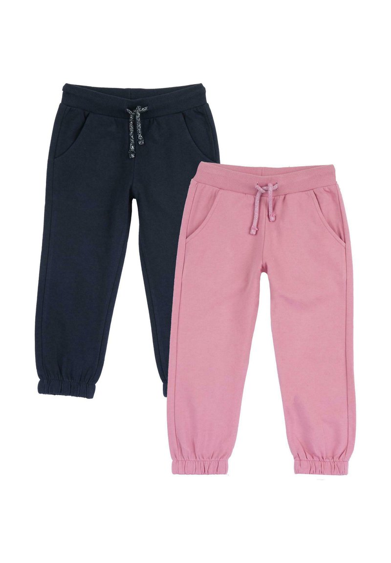 Zwei Paare Jogginghosen: eine in dunkelblau und eine in hellrosa. Beide haben einen elastischen Bund, einen Kordelzug und seitliche Taschen.