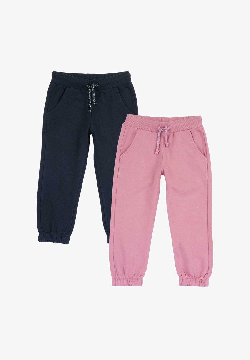 Twee paren joggingbroeken: één marineblauw en één lichtroze. Beide hebben een elastische tailleband, een trekkoord en zijzakken.