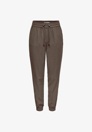 Bruine taps toelopende joggerbroek met elastische tailleband, trekkoord, zijzakken en elastische boorden.