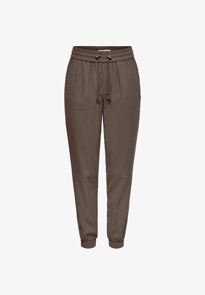 Rjave ozke športne hlače z elastičnim pasom, vrvico za zategovanje, stranskimi žepi in elastičnimi manšetami.