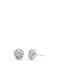 Orecchini a bottone in argento con un design floreale e una pietra centrale trasparente. Forma compatta, adatta per l'uso quotidiano.
