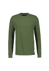 Groene gestructureerde trui met een ronde hals, lange mouwen en geribbelde manchetten. Heeft een subtiel patroon en een merklabel aan de onderkant.