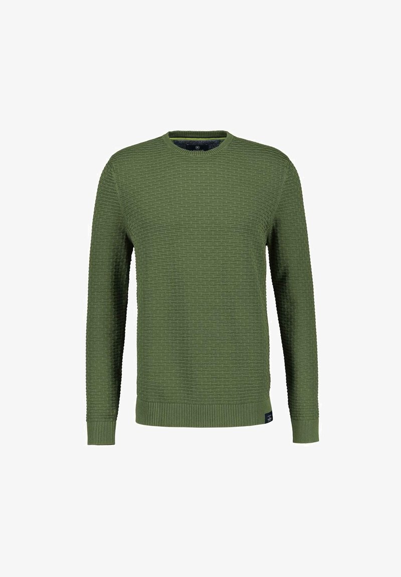 Groene gestructureerde trui met een ronde hals, lange mouwen en geribbelde manchetten. Heeft een subtiel patroon en een merklabel aan de onderkant.